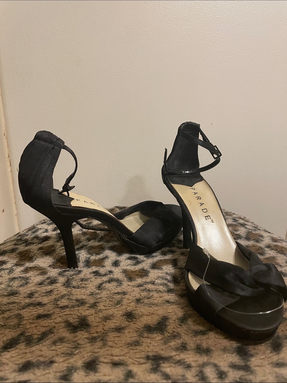 PARADE Black Satin Ankle-Strap Stiletto Heels